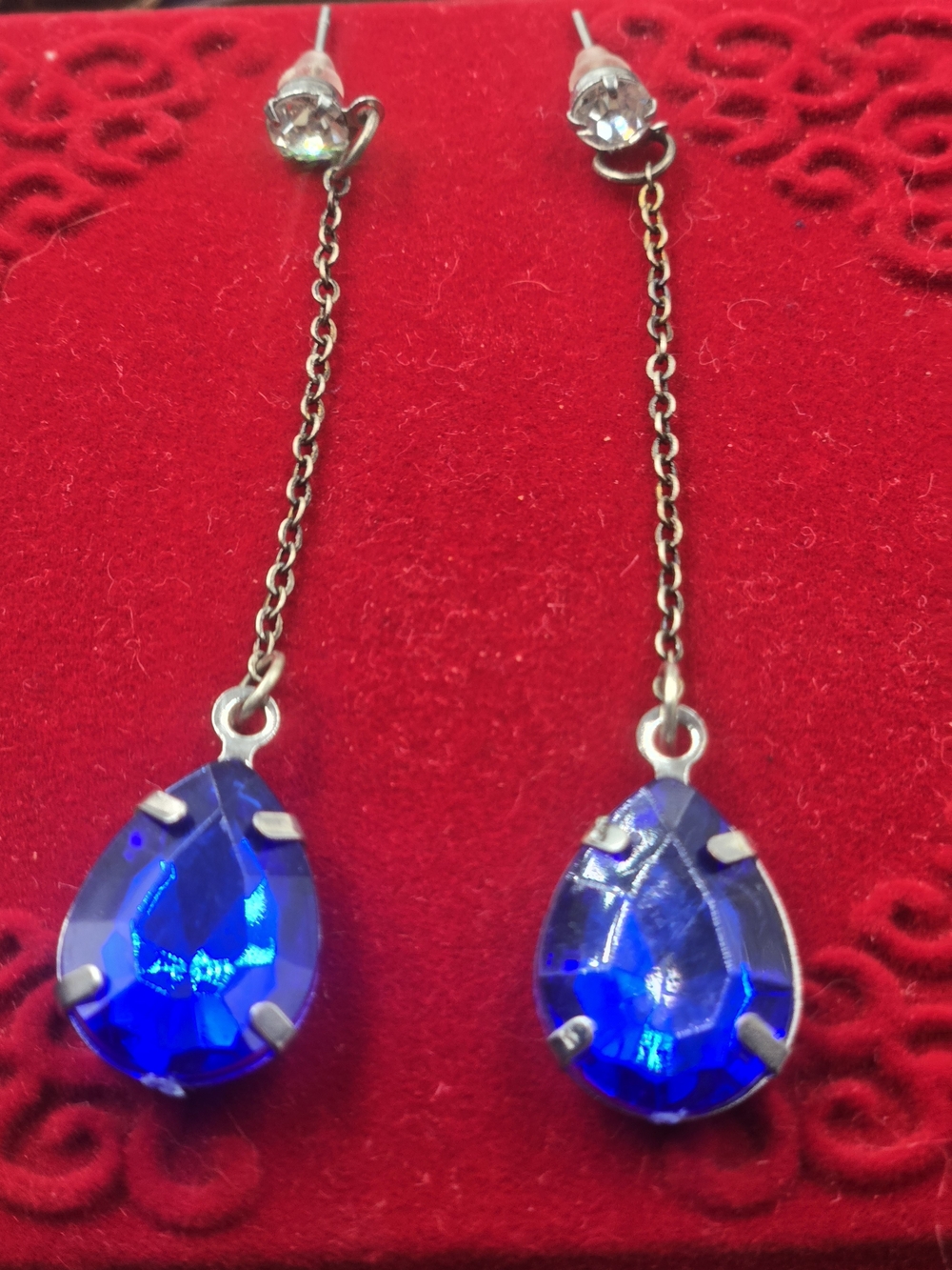 Vissen brand blue cubic zirconia long dangle chain earrings.